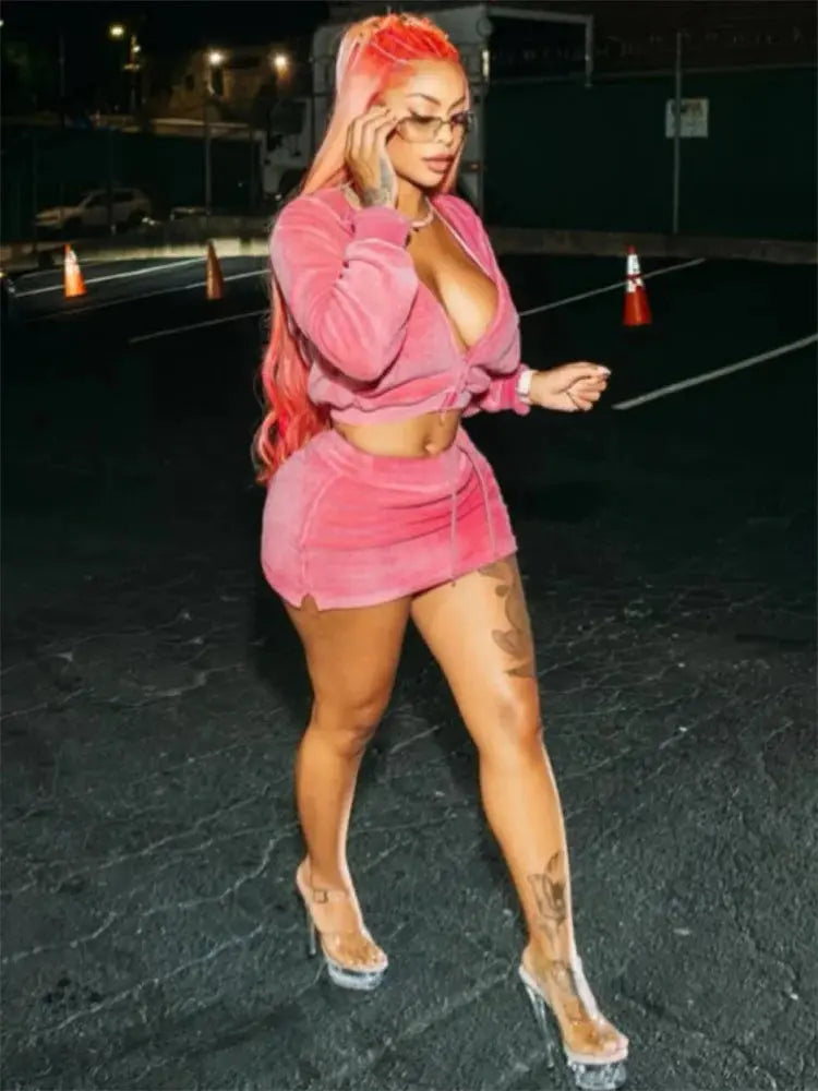 Velvet Hooded Two-Piece Set – Women’s Zip Crop Jacket & Split Drawstring Skirt | Luxury Streetwear Matching Outfit Majesty Me Streetwear™