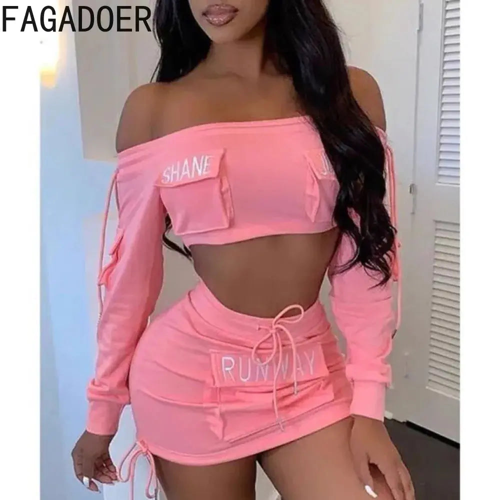 Y2K Pink Letter Print Two-Piece Set – Off-Shoulder Crop Top & Drawstring Pocket Skirt | Sexy Streetwear Matching Outfit Majesty Me Streetwear™
