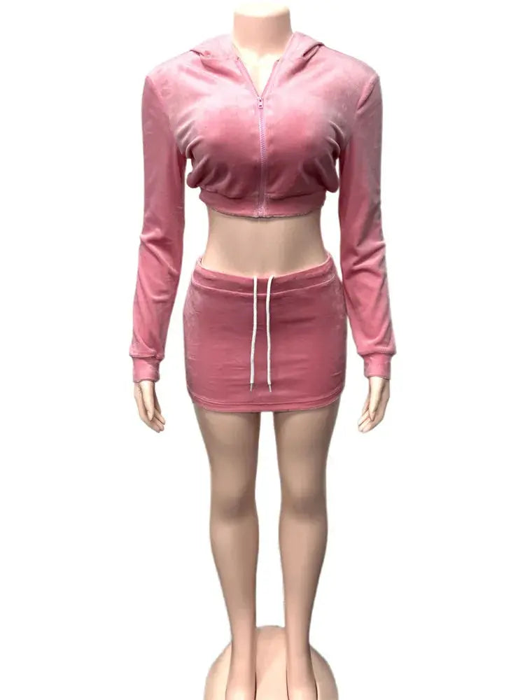 Velvet Hooded Two-Piece Set – Women’s Zip Crop Jacket & Split Drawstring Skirt | Luxury Streetwear Matching Outfit Majesty Me Streetwear™