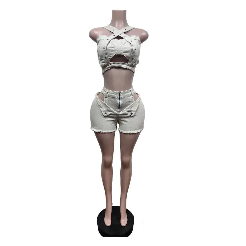 Denim Dream Two-Piece Set – Women’s Strap Vest Crop Top & Pocket Shorts | Sexy Streetwear Summer Outfit 2025 Majesty Me Streetwear™