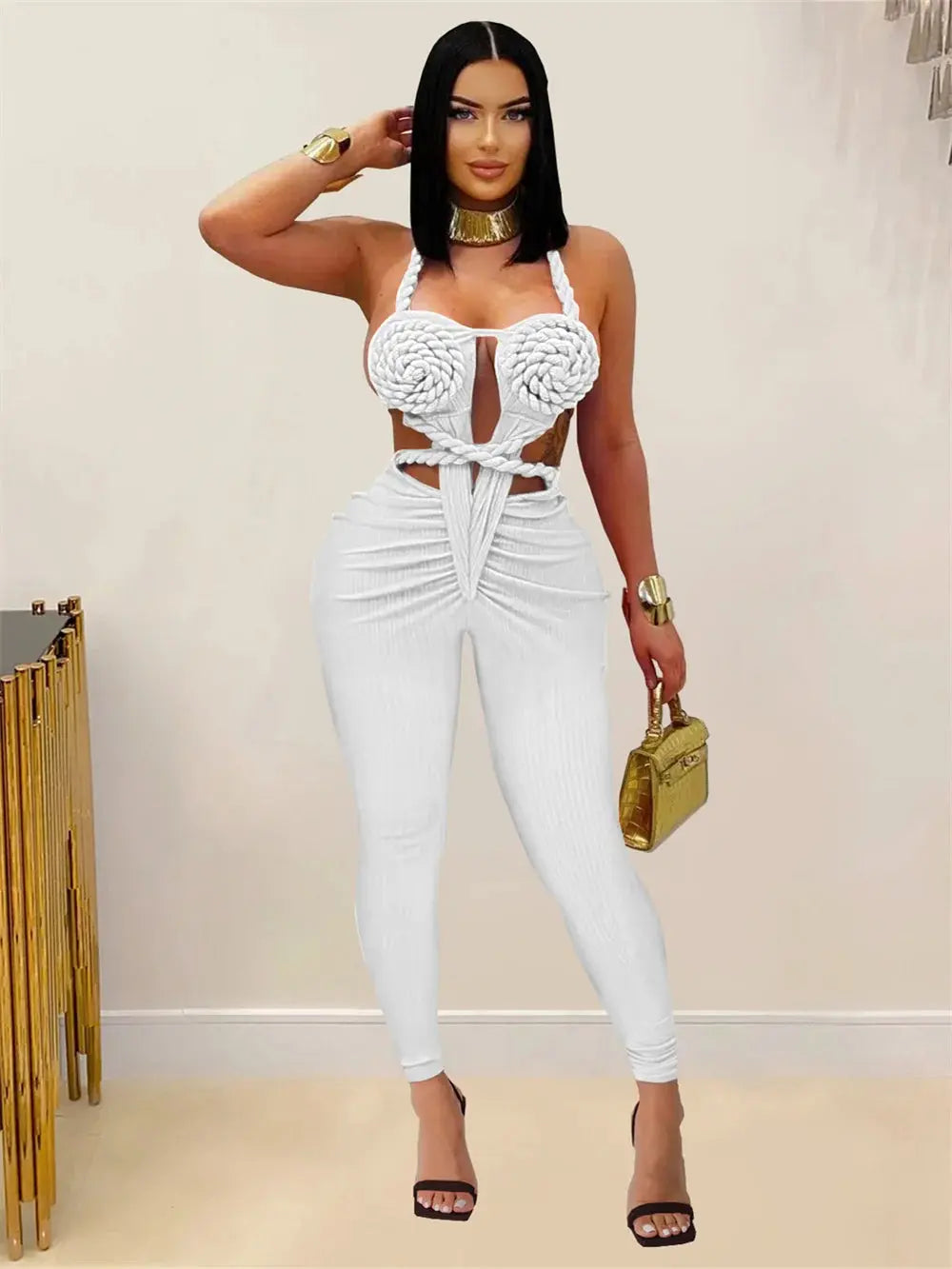 Snatched Peach Backless Jumpsuit – Ruched Halter Bodycon Majesty Me