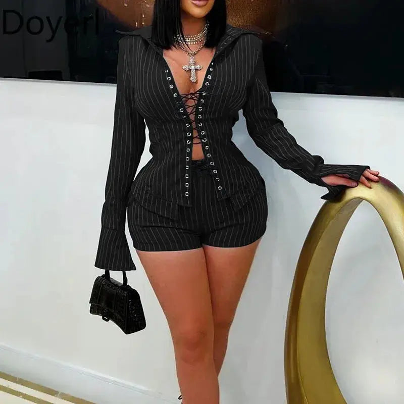 “Electric Desire” Two-Piece Set – Striped Lace-Up Bandage Top & Matching Shorts Y2K Party Outfit Majesty Me Streetwear™