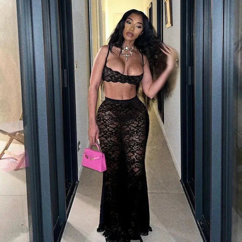 Midnight Muse Lace Two-Piece Set – Sheer Camisole Crop Top & Bodycon Maxi Skirt | Sexy Clubwear & Vacation Outfit Majesty Me Streetwear™
