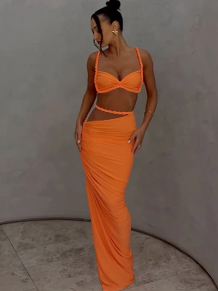 Weird Puss Bandage Ruched 2 Piece Set Women Square Collar Bra+Skinny Long Skirts 2025 Summer Vacation Beach Party Trend Suits Majesty Me