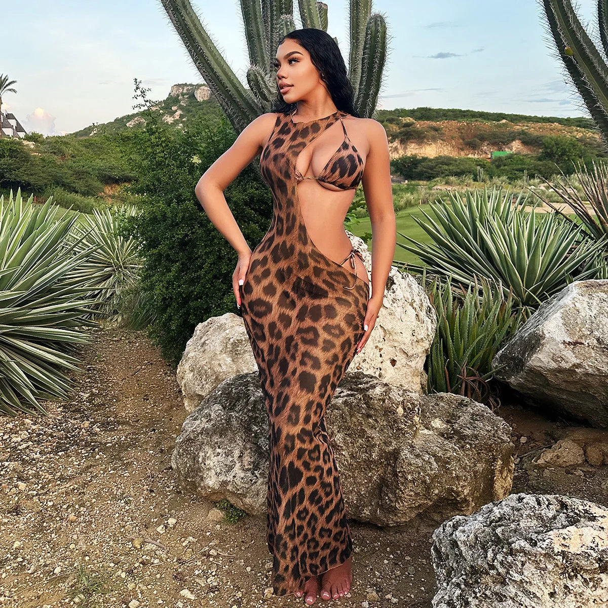 CM.YAYA Women Beach Bikini Set with Cutout Leopard Printed Sexy Long Bodycon Swimsuit Three 2 Piece Set Swimwear Bathing Suit Majesty Me