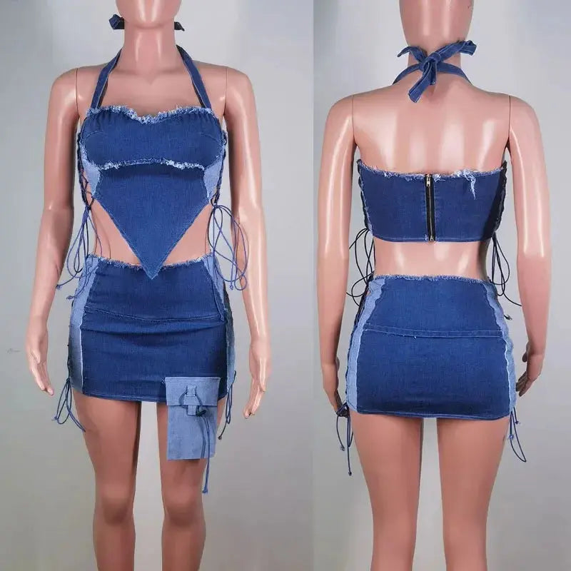 “Denim Fantasy” Two-Piece Set – Lace-Up Halter Crop Top & Mini Skirt Y2K Party Outfit Majesty Me Streetwear™