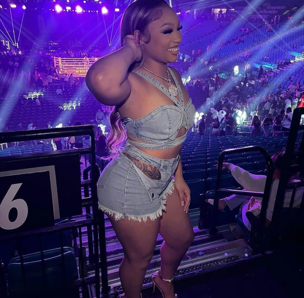 Sexy Jean Women Short Sets Straps Denim Crop Top and Cut Out Shorts Set 2025 Summer Clothes Streetwear Two 2 Piece Club Outfits Majesty Me