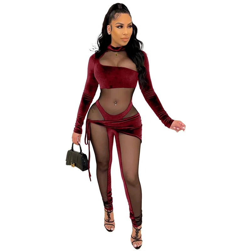 Sexy See-through Mesh Patchwork Velvet Jumpsuit Women Clubwear Long Sleeve Rompers Womens Jumpsuit Bodycon Overalls for Women Majesty Me