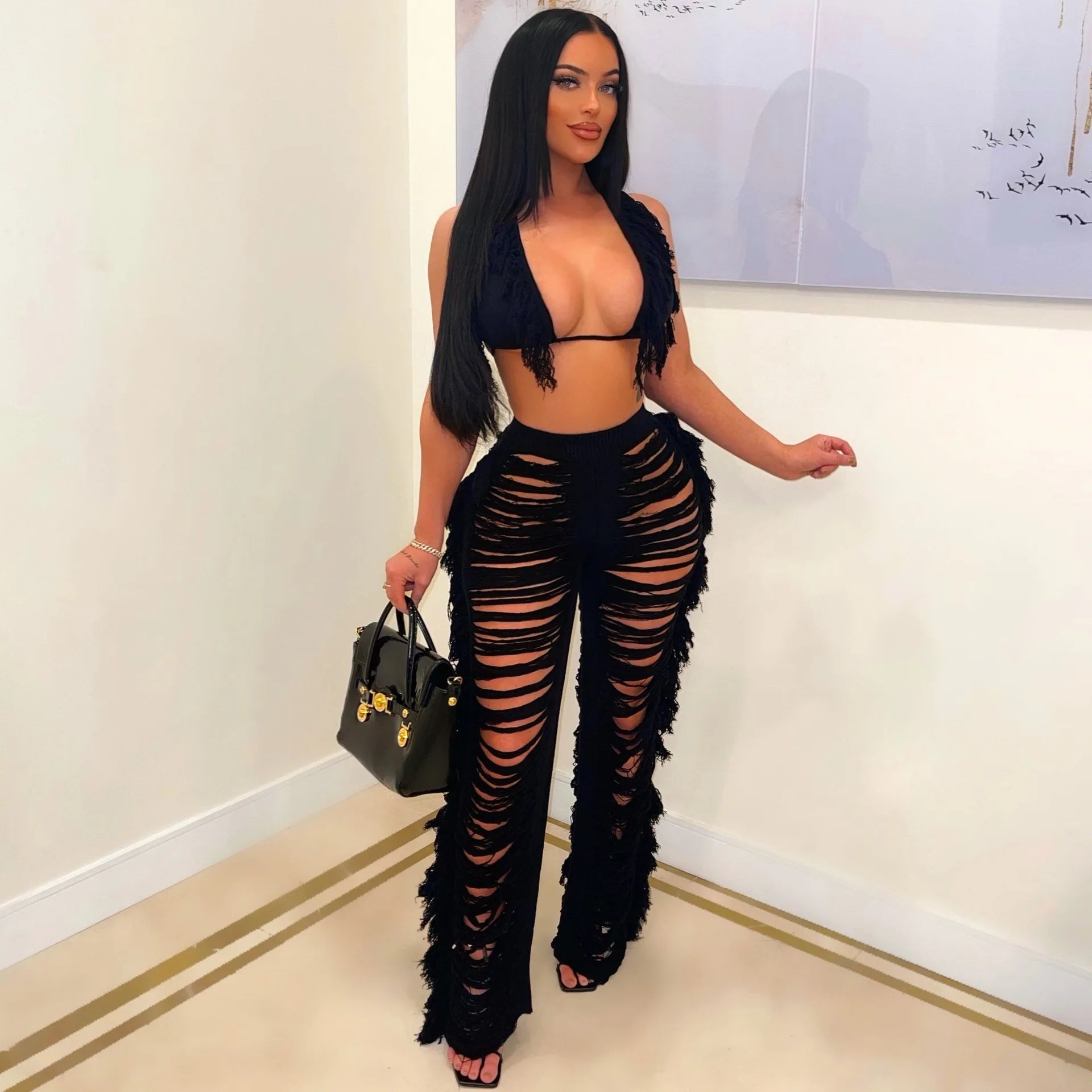 Sexy Women 2025 Knitted Set Two Piece Set Halter Backless Bra Crop Top Pants Crocheted 2 Pieces Set Hollow Out Crochet Beach Set Majesty Me