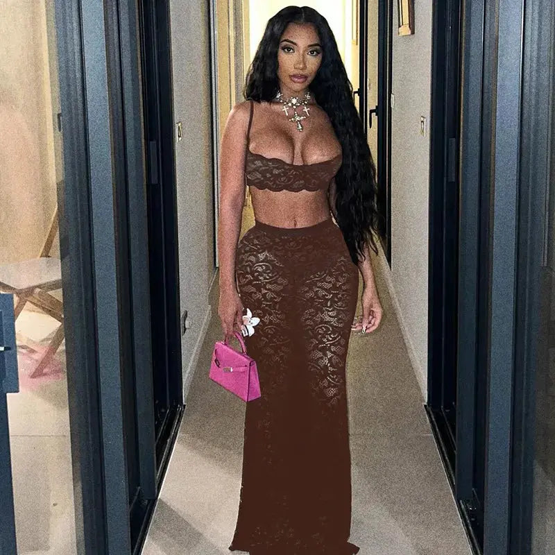 Midnight Muse Lace Two-Piece Set – Sheer Camisole Crop Top & Bodycon Maxi Skirt | Sexy Clubwear & Vacation Outfit Majesty Me Streetwear™