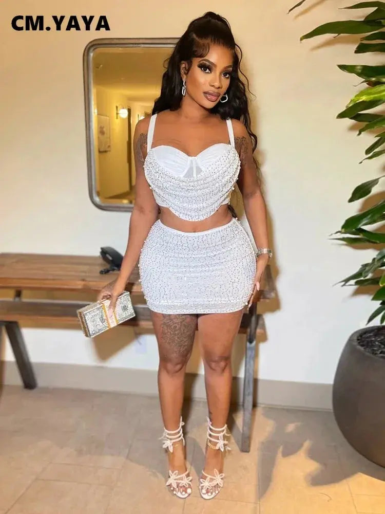 Diamond Dreams Rhinestone Two-Piece Set – Women’s Strap Crop Top & Mini Skirt | Sexy Party & Clubwear Outfit Majesty Me Streetwear™