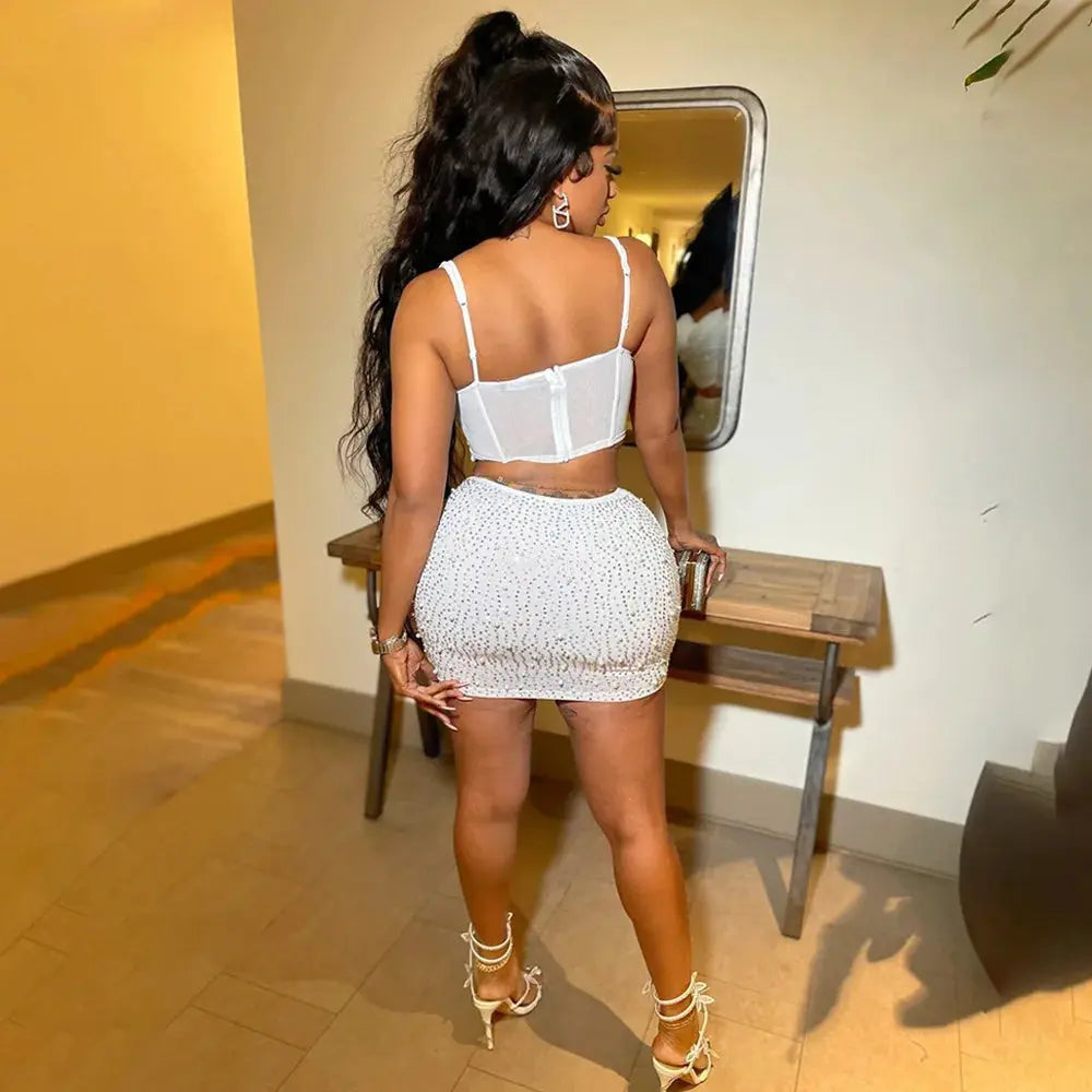 Diamond Dreams Rhinestone Two-Piece Set – Women’s Strap Crop Top & Mini Skirt | Sexy Party & Clubwear Outfit Majesty Me Streetwear™