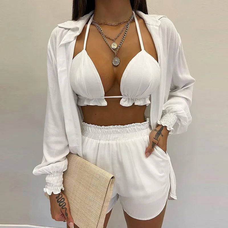 Fashion Print Short Three Piece Set Women Sexy Camisole Shirt Cardigan Shorts 3 Piece Sets Female Casual Beach Vacation Clothing Majesty Me