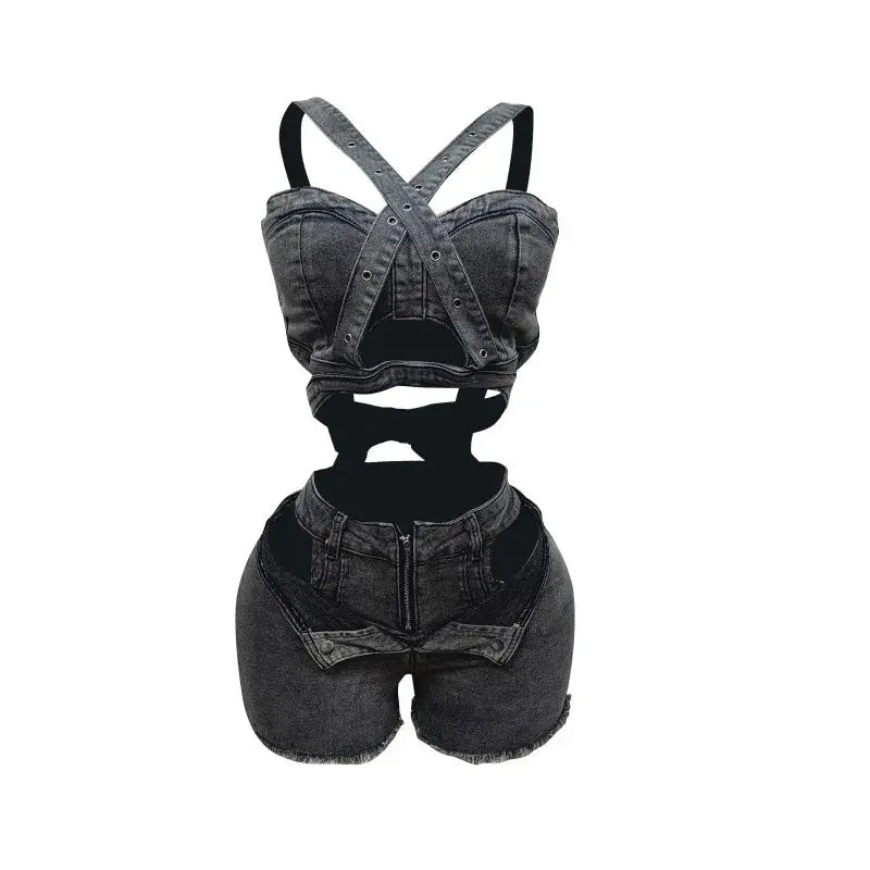 Denim Dream Two-Piece Set – Women’s Strap Vest Crop Top & Pocket Shorts | Sexy Streetwear Summer Outfit 2025 Majesty Me Streetwear™
