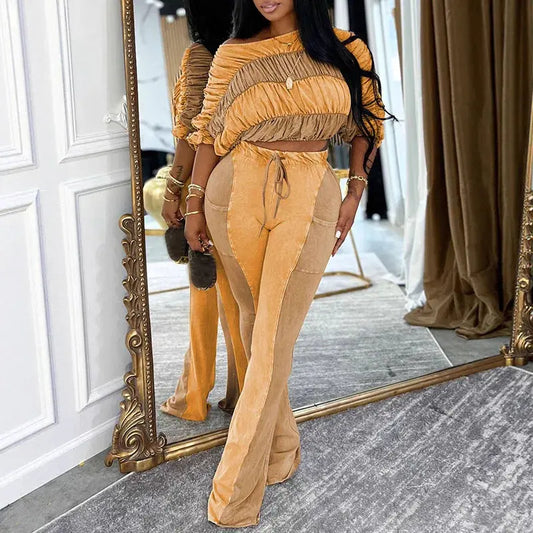 Modern Majesty” Patchwork Two-Piece Set – Slash-Neck Crop Top & Flare Pants Ensemble Majesty Me Streetwear™