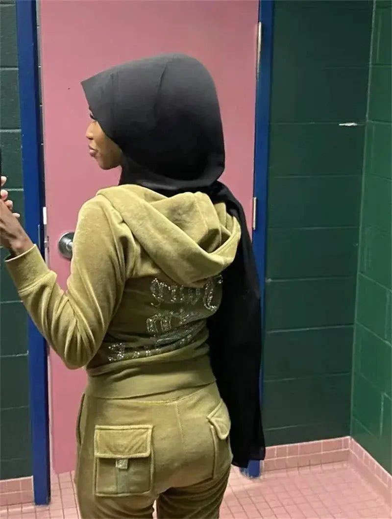 Jay Cee Velvet Crown Tracksuit – 2025 Spring Fall Women’s 2-Piece Set | Elegant Velour Sweatsuit with Royal Detailing Majesty Me