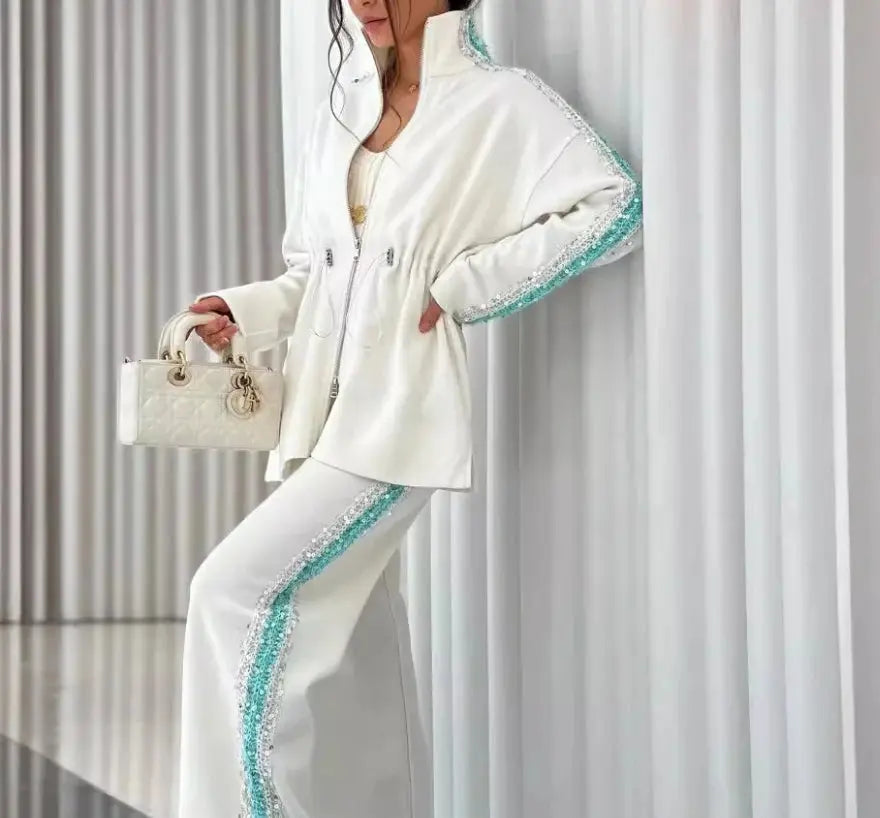 City Muse Two-Piece Set – Women’s Colorblock Zipper Top & High-Waist Pants | Chic Casual Matching Outfit Majesty Me Streetwear™