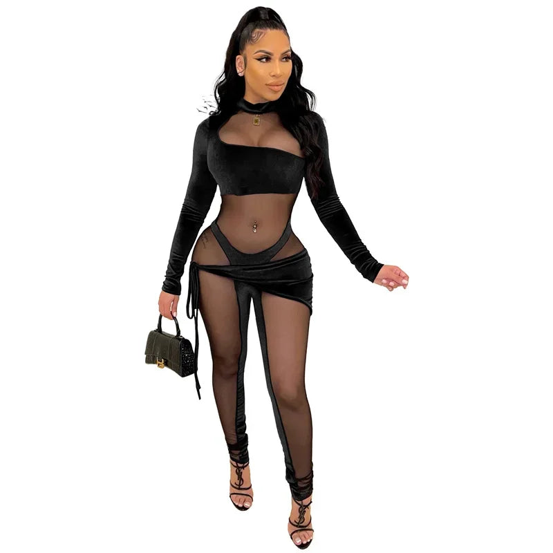 Sexy See-through Mesh Patchwork Velvet Jumpsuit Women Clubwear Long Sleeve Rompers Womens Jumpsuit Bodycon Overalls for Women Majesty Me