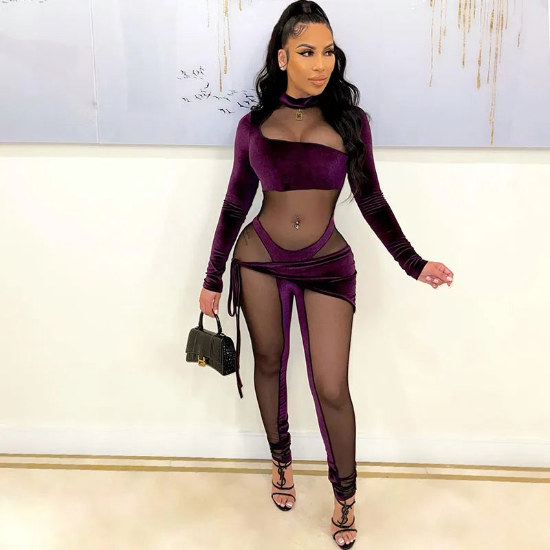 Sexy See-through Mesh Patchwork Velvet Jumpsuit Women Clubwear Long Sleeve Rompers Womens Jumpsuit Bodycon Overalls for Women Majesty Me
