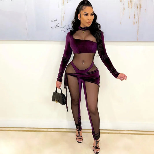 Sexy See-through Mesh Patchwork Velvet Jumpsuit Women Clubwear Long Sleeve Rompers Womens Jumpsuit Bodycon Overalls for Women Majesty Me