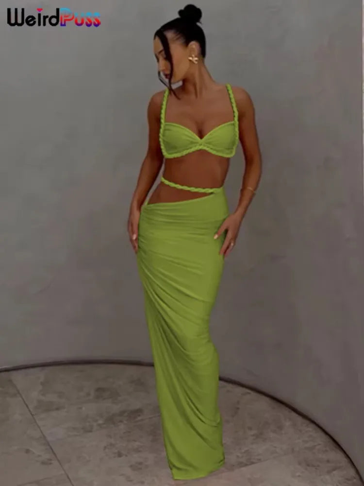 Weird Puss Bandage Ruched 2 Piece Set Women Square Collar Bra+Skinny Long Skirts 2025 Summer Vacation Beach Party Trend Suits Majesty Me