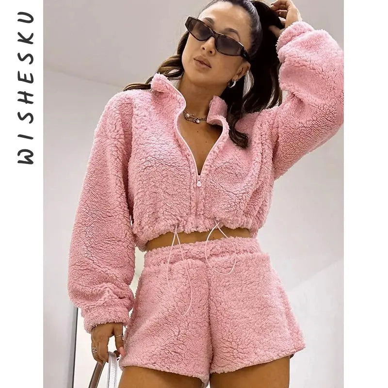 “Cozy Royalty” Velvet Lounge Set – Teddy Crop Top + High-Waist Shorts Two-Piece Majesty Me Streetwear™