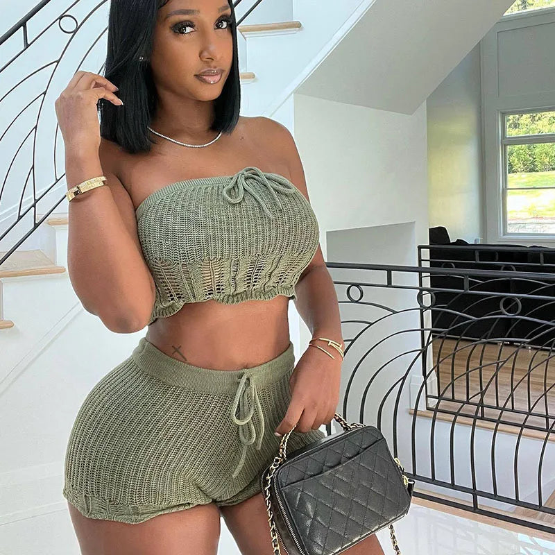 Sexy Knitted Two Piece Women Shorts Sets Skinny Tube Crop Top + Shorts Stretchy Vacation Party Club Outfits Matching Sets Summer Majesty Me