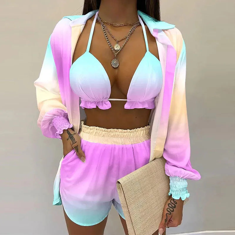 Fashion Print Short Three Piece Set Women Sexy Camisole Shirt Cardigan Shorts 3 Piece Sets Female Casual Beach Vacation Clothing Majesty Me