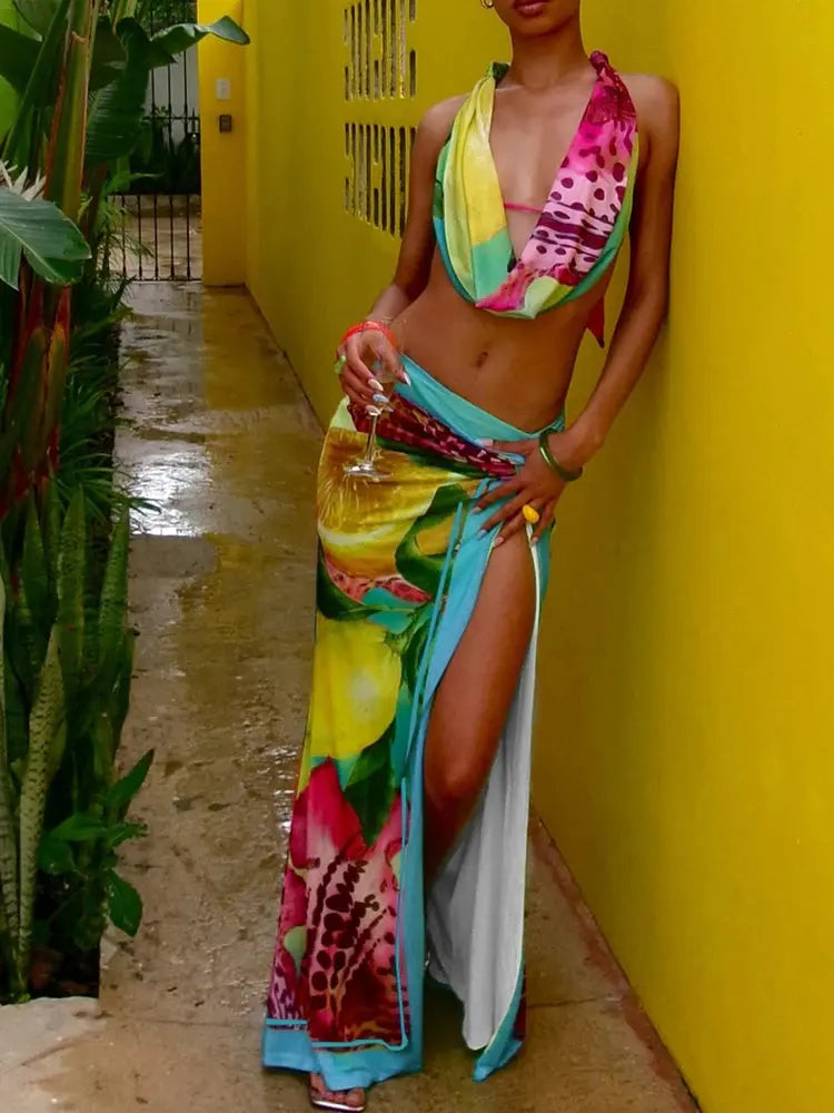 “Electric Safari” Two-Piece Set – Colorful Leopard Halter Crop Top & Wrap Skirt for Women Majesty Me