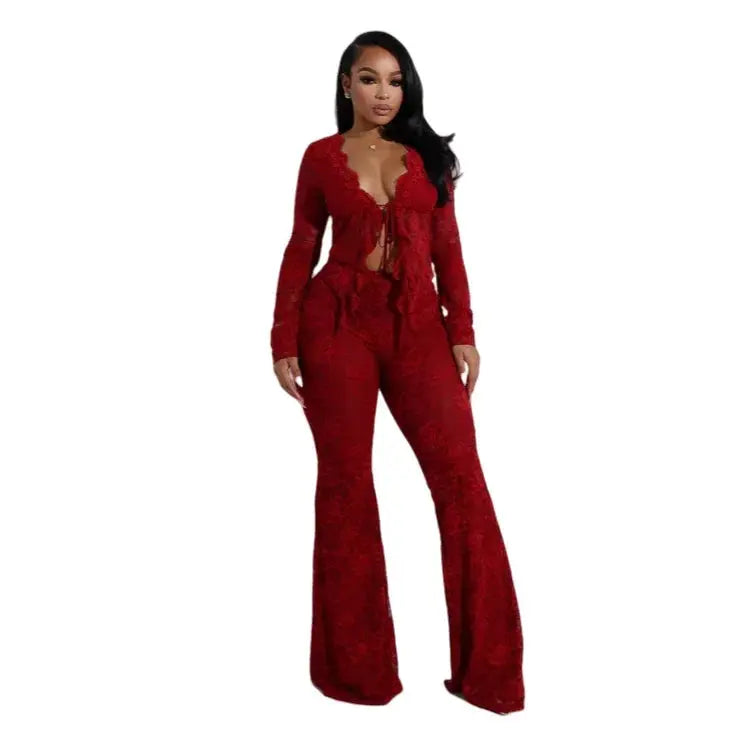 Luxe Illusion Lace Two-Piece Set – Sheer Long Sleeve Top & High-Waist Pants Majesty Me Streetwear™