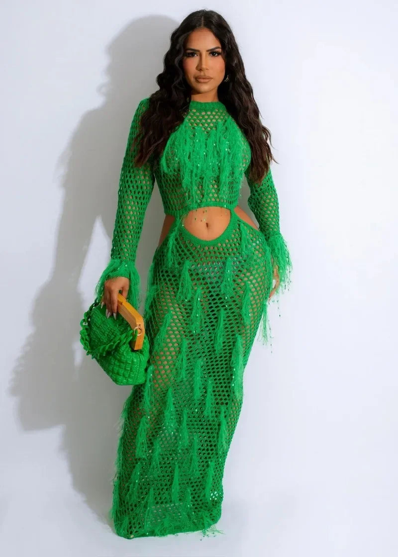 Fashion Women Cover Up Dress Sexy Hollow Out Knit Tassels Holiday Beachwear Long Sleeve Lady Maxi Beach Dresses Majesty Me