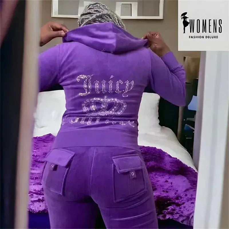 Jay Cee Velvet Crown Tracksuit – 2025 Spring Fall Women’s 2-Piece Set | Elegant Velour Sweatsuit with Royal Detailing Majesty Me