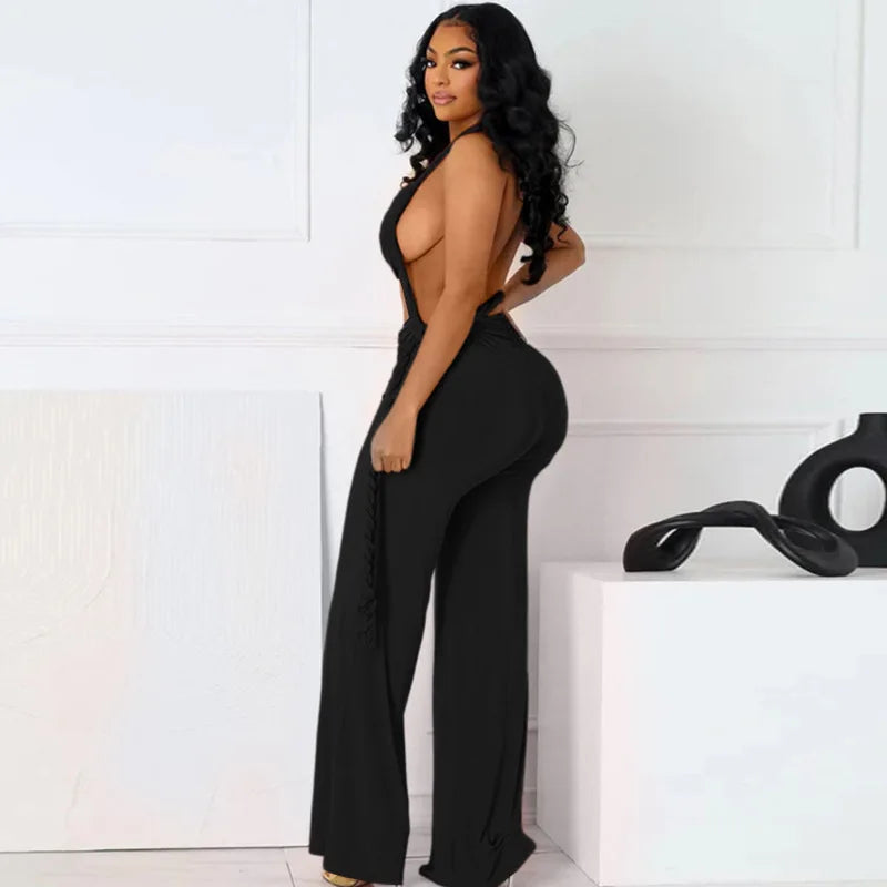 FAGADOER Sexy Ruched Patchwork Bodycon Jumpsuits For Woman Halter Sleeveless Wide-leg Romper Female Streetwear Overalls 2025 New Majesty Me