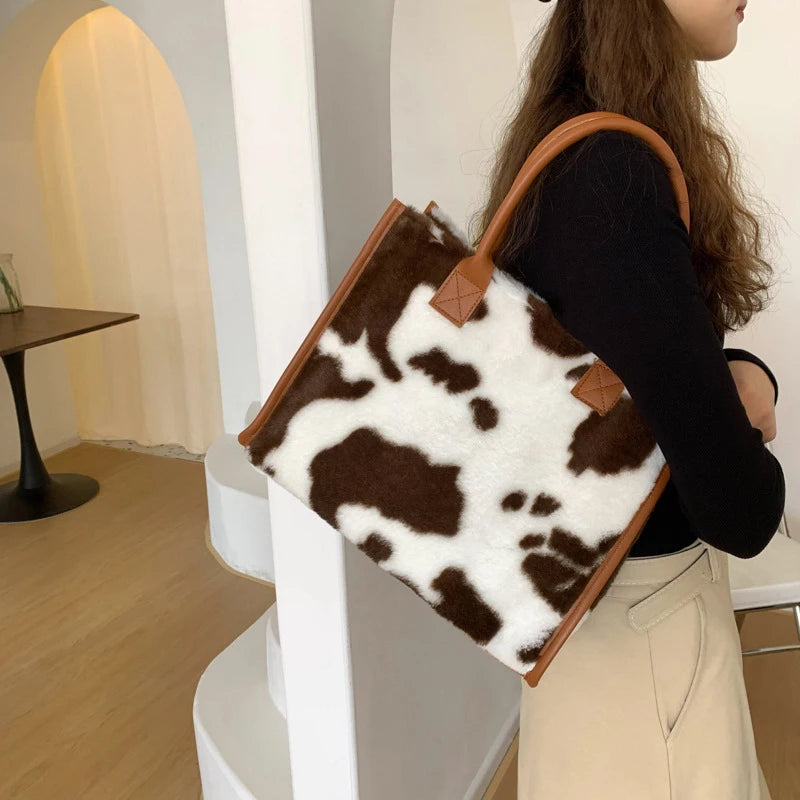 Winter Faux Fur ,Leopard Print Designer Shopper Totes, Fashion Soft Plush Women Shoulder Bags, Large Capacity Handbags and Purse Majesty Me