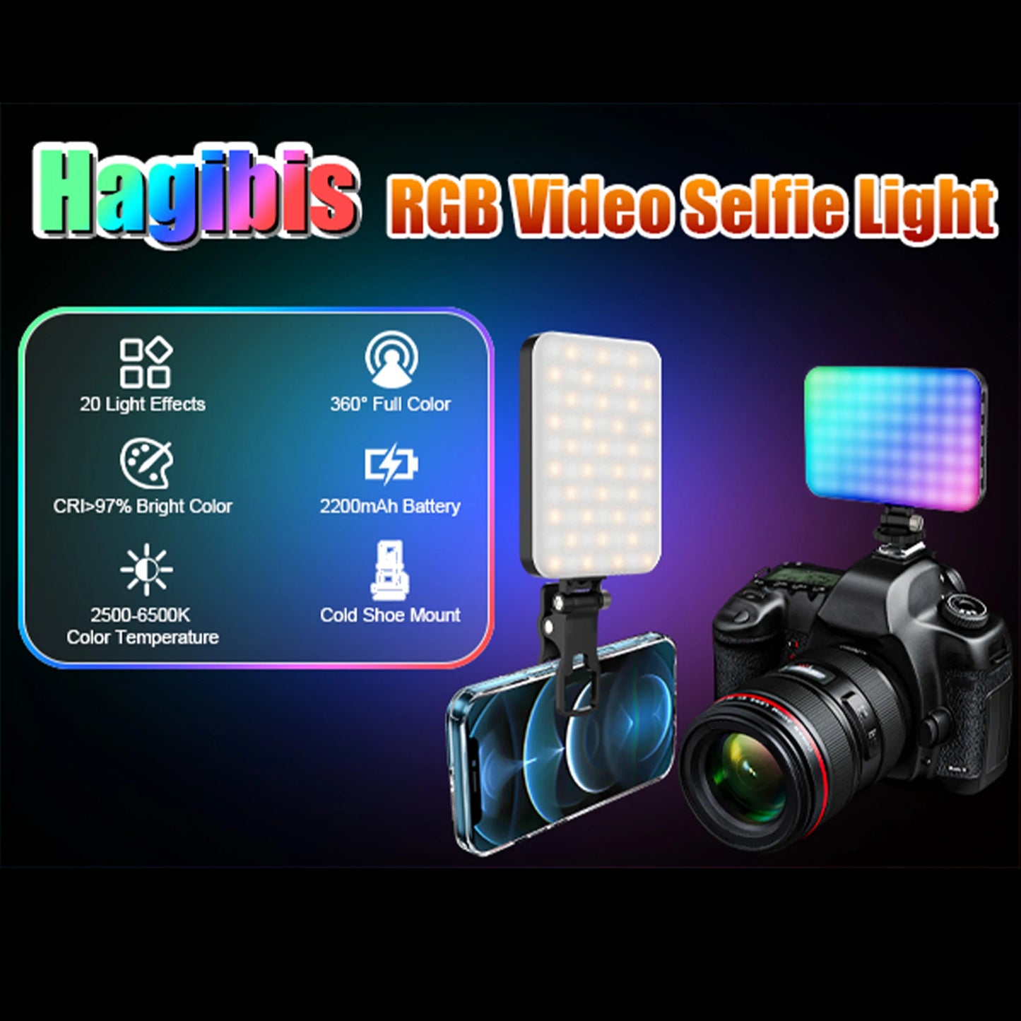 LED Video light, 2500K-6500K RGB selfie light, iPhone-CRI 97+, 2200mAh camera light, 3CCT/RGB 360° full color /20 lighting effec Majesty Me