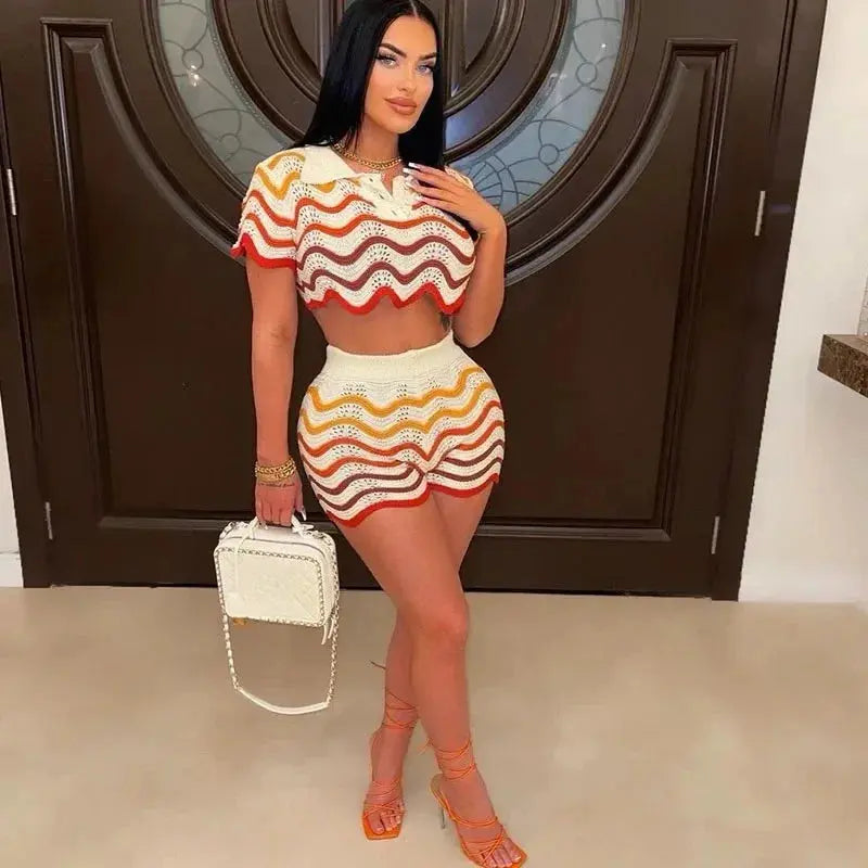 “Birthday Behavior” Knit Set – Colorful Striped Crop Top & Matching Shorts Majesty Me Streetwear™