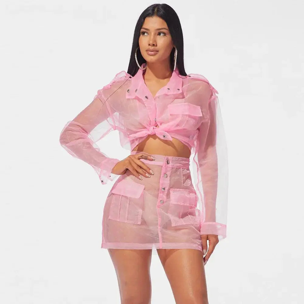 Pink Organza Mesh Two-Piece Set – Women’s Sheer Jacket & Mini Skirt | Sexy Clubwear Matching Outfit Majesty Me Streetwear™