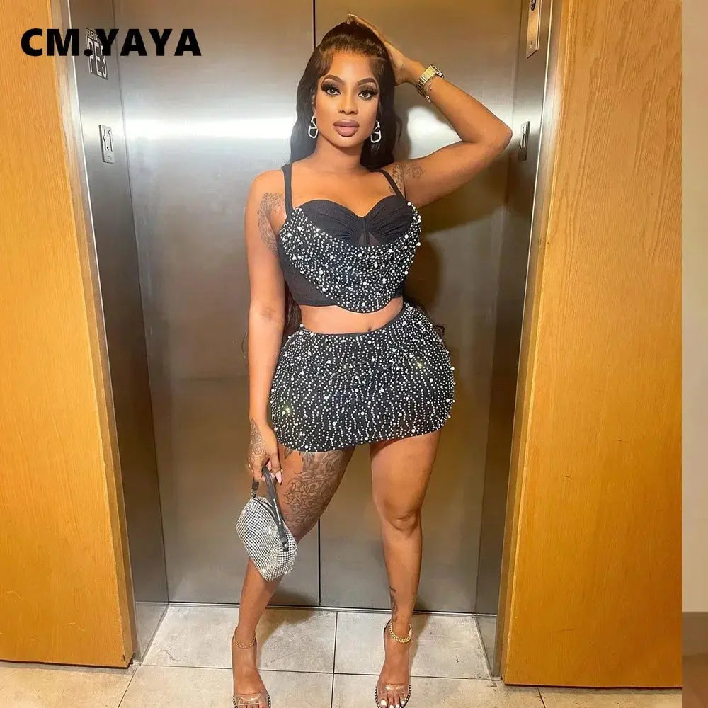 Diamond Dreams Rhinestone Two-Piece Set – Women’s Strap Crop Top & Mini Skirt | Sexy Party & Clubwear Outfit Majesty Me Streetwear™