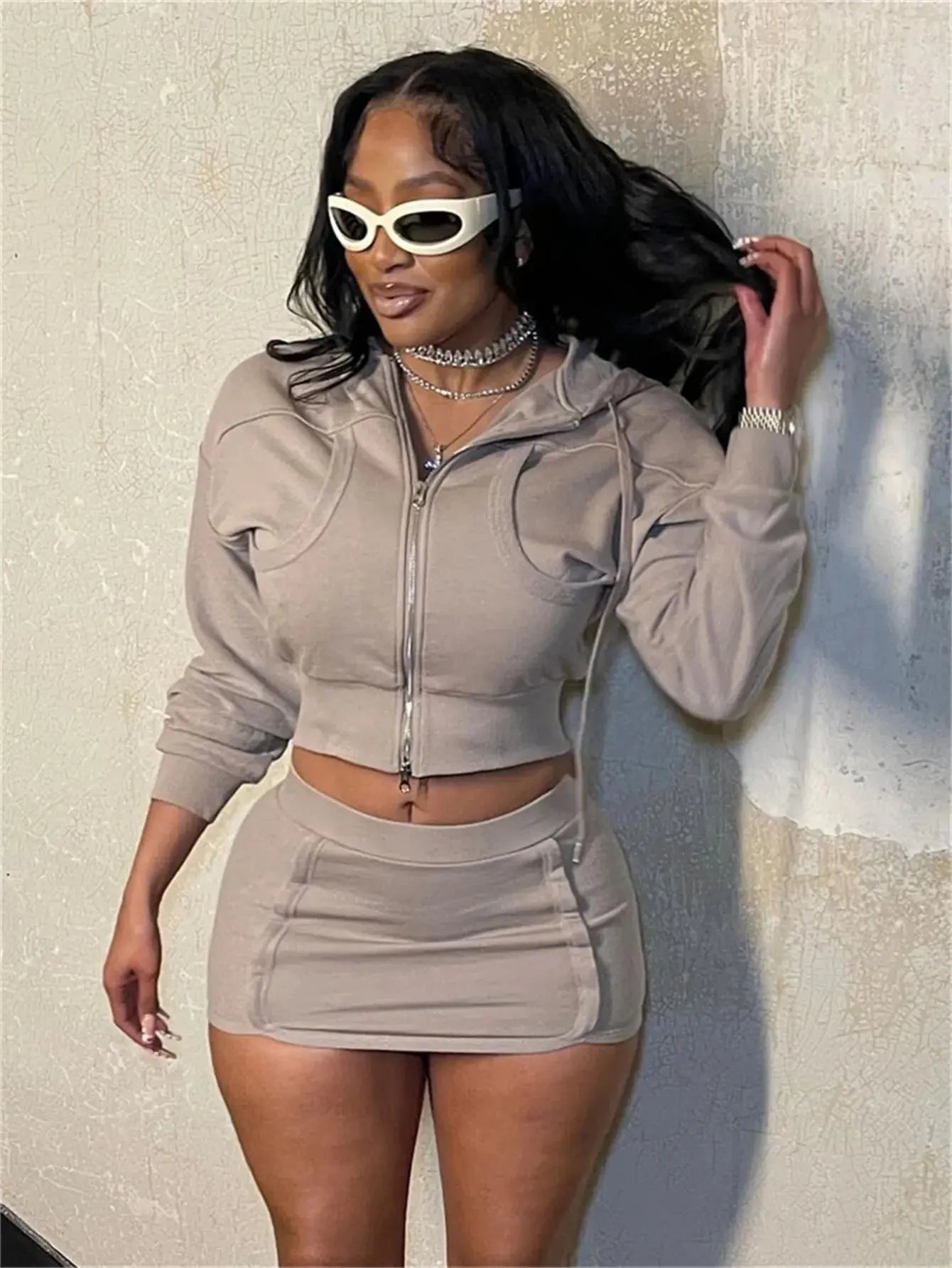 Zip Crop Jacket & Bodycon Skirt Set – Women’s Solid Two-Piece Outfit | Casual Streetwear Co-ord for Spring Majesty Me Streetwear™