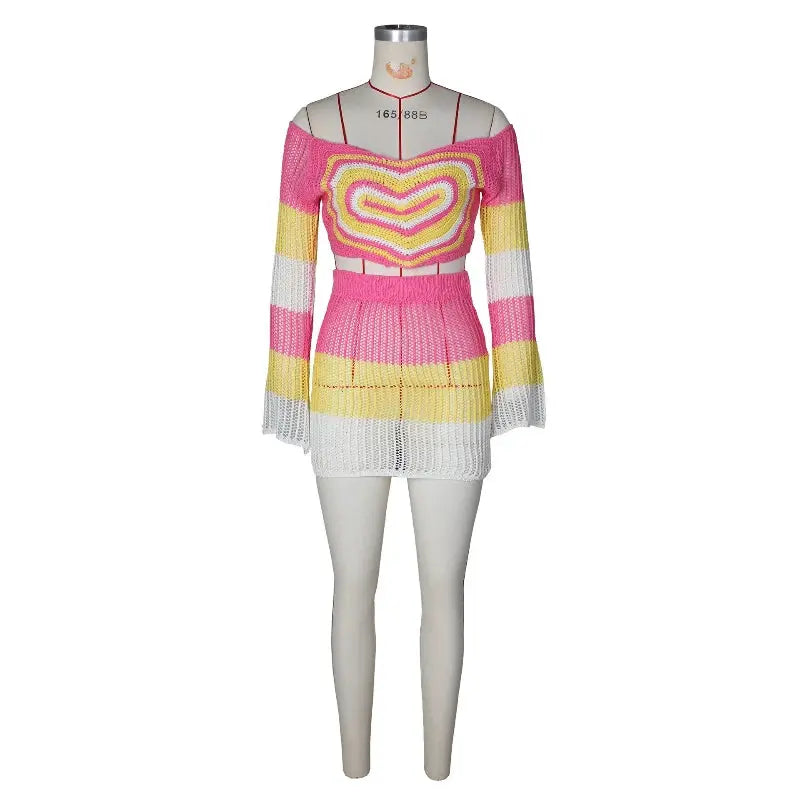 Majesty Me “Sweet Escape” Knit Skirt Set – Off-Shoulder Printed Top & High-Waist A-Line Mini Skirt Majesty Me Streetwear™