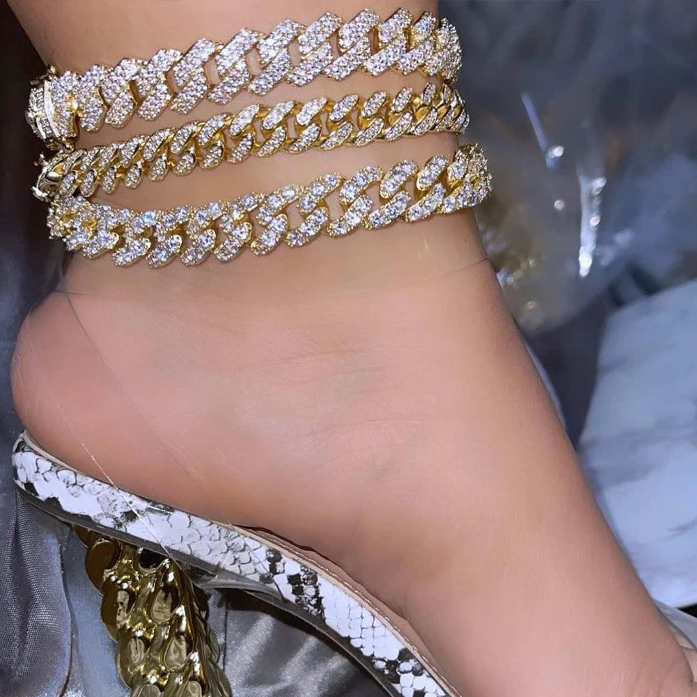 Flatfoosie Hip Hop Iced Out Chunky Cuban Chain Anklets For Women Luxury Rhinestone Link Ankle Bracelet Beach Barefoot Jewelry Majesty Me
