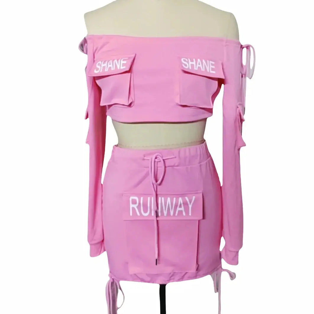 Y2K Pink Letter Print Two-Piece Set – Off-Shoulder Crop Top & Drawstring Pocket Skirt | Sexy Streetwear Matching Outfit Majesty Me Streetwear™