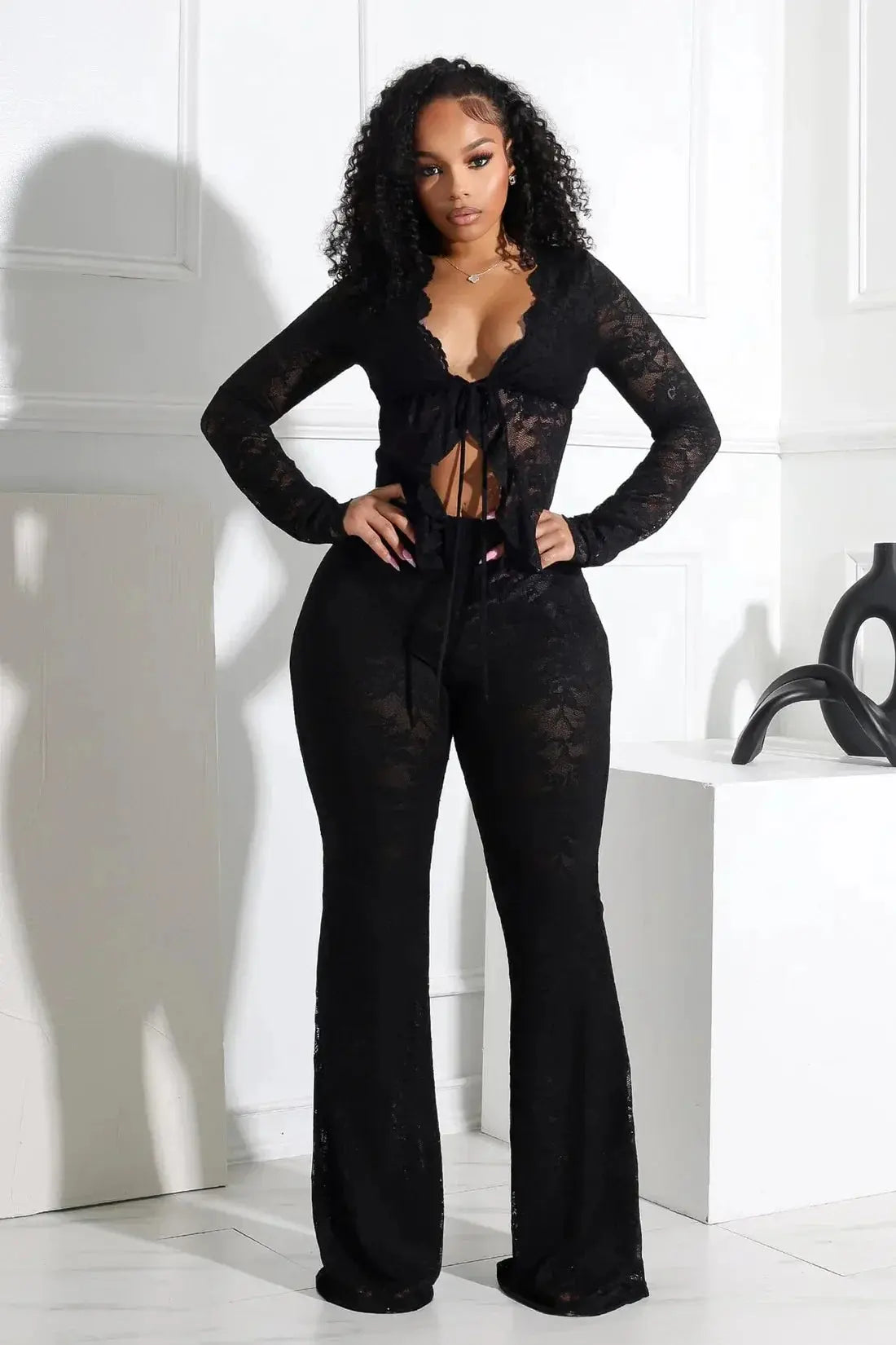Luxe Illusion Lace Two-Piece Set – Sheer Long Sleeve Top & High-Waist Pants Majesty Me Streetwear™