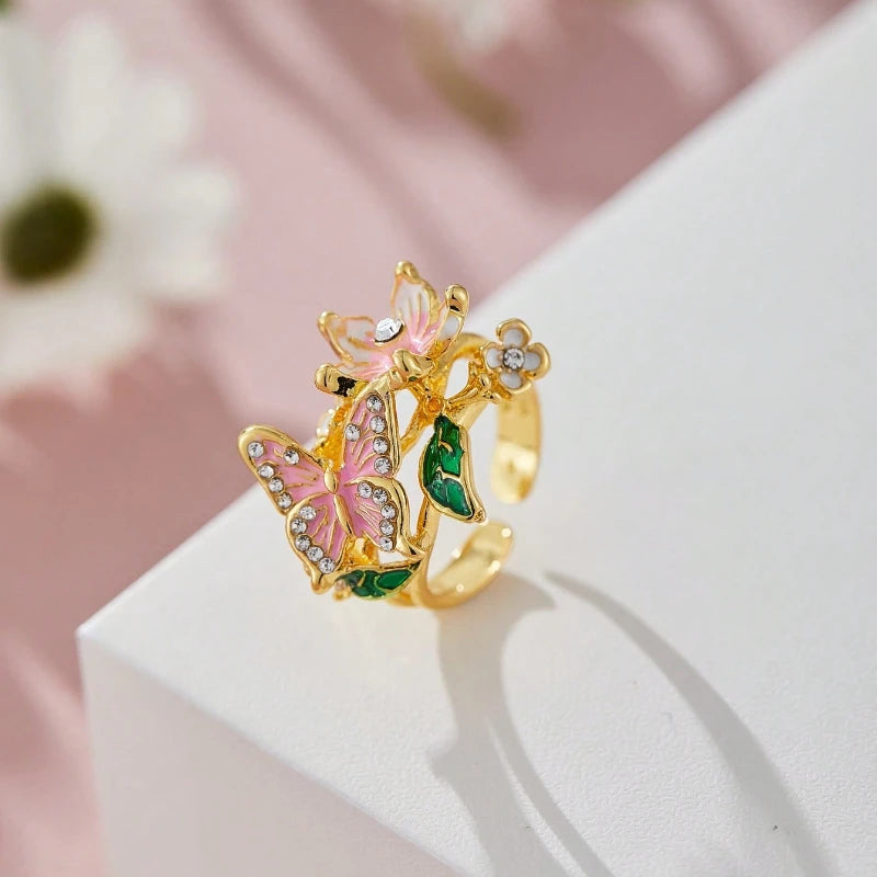 Aesthetic Flower Butterfly Rings for Female Romantic Rhinestone Stylish Non-fading Opening Ring Women Wedding Jewelry Party Gift Majesty Me