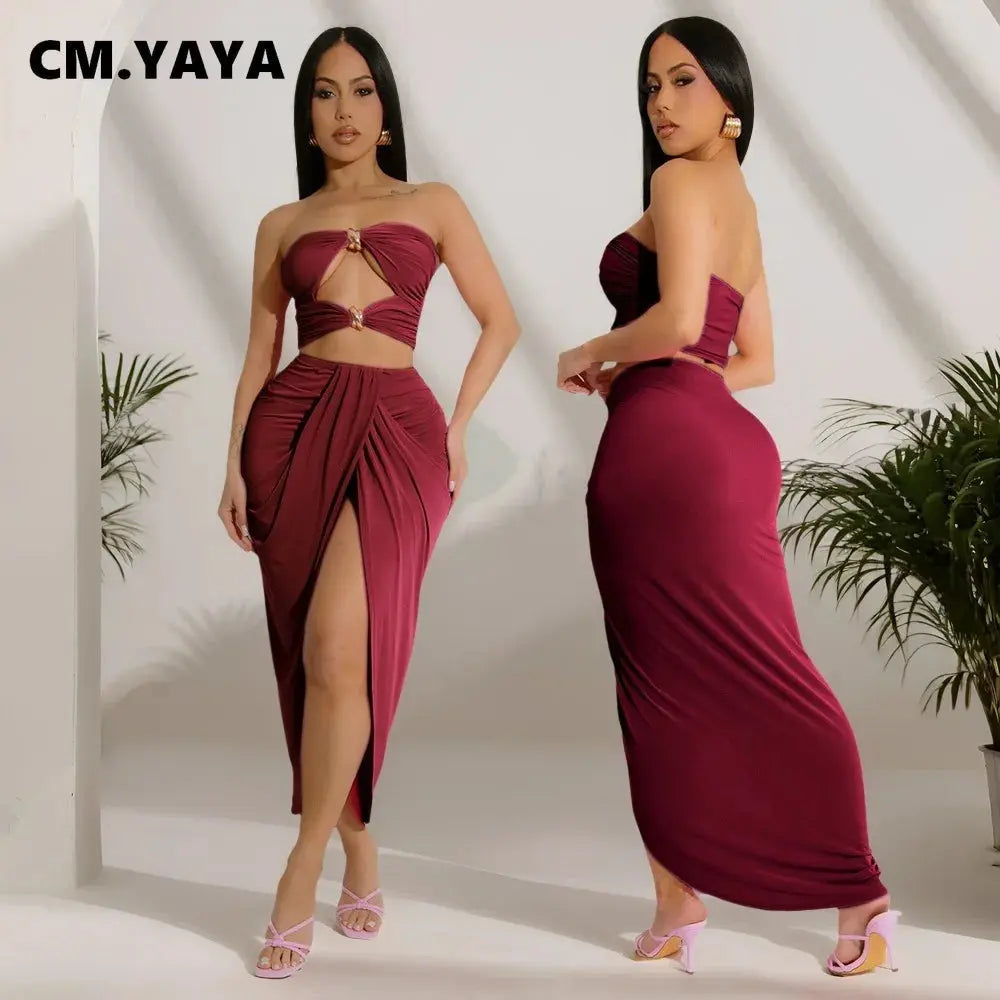 Sunset Siren” Strapless Mini Top + Split Maxi Skirt Set – Sexy Summer Party Outfit for Women Majesty Me Streetwear™