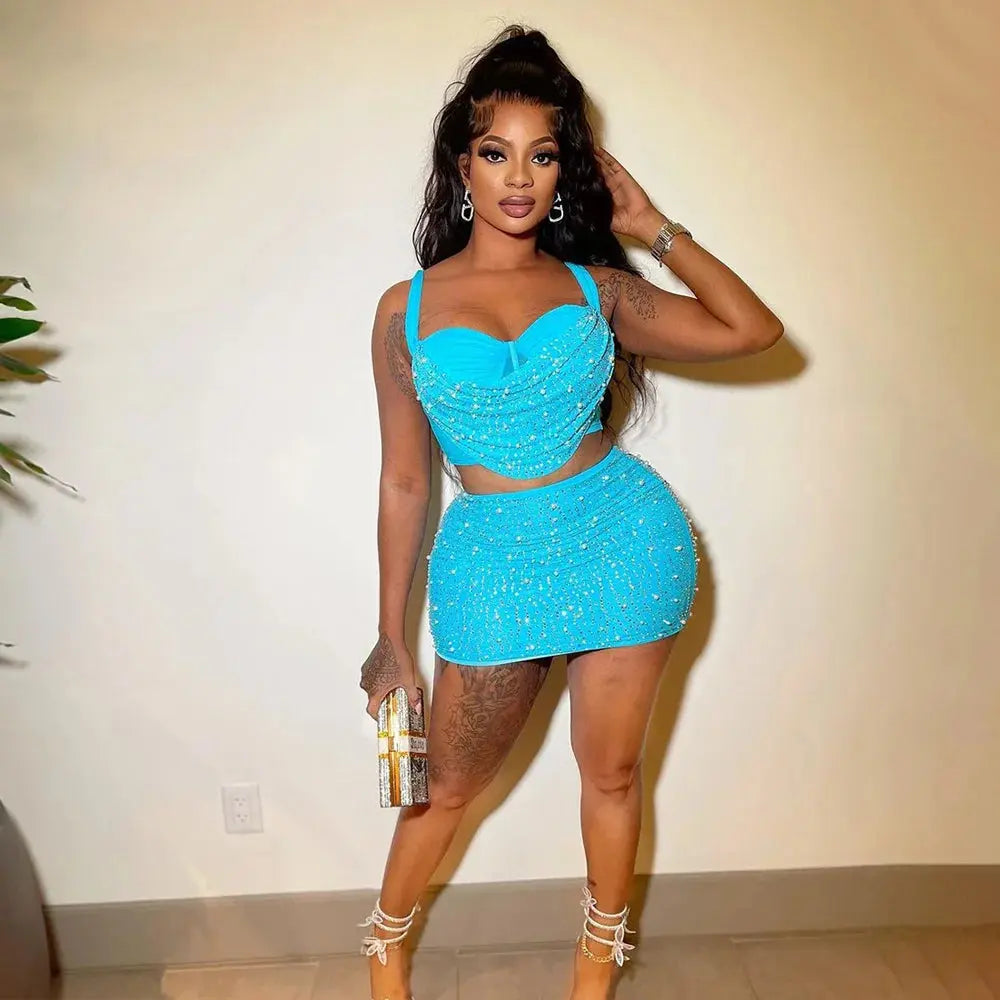 Diamond Dreams Rhinestone Two-Piece Set – Women’s Strap Crop Top & Mini Skirt | Sexy Party & Clubwear Outfit Majesty Me Streetwear™