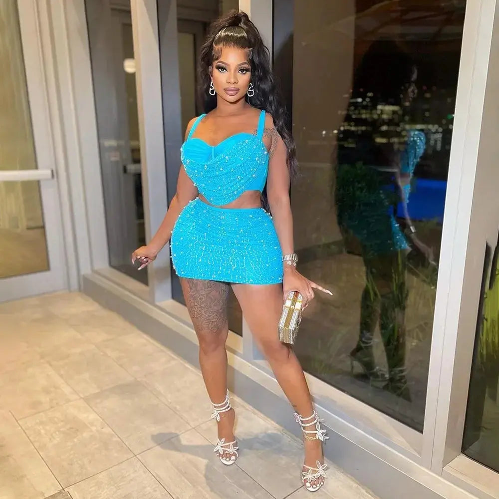 Diamond Dreams Rhinestone Two-Piece Set – Women’s Strap Crop Top & Mini Skirt | Sexy Party & Clubwear Outfit Majesty Me Streetwear™