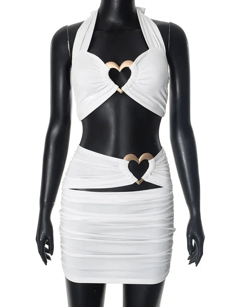 Love Rings Patchwork 2 Piece Set Cross Women Halter Crop Tops+Ruched Hollow Skirts Matching Hottie Street Trend Suits Majesty Me