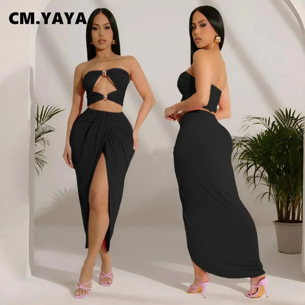 Sunset Siren” Strapless Mini Top + Split Maxi Skirt Set – Sexy Summer Party Outfit for Women Majesty Me Streetwear™