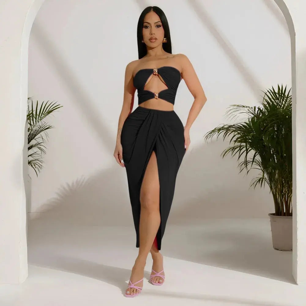 Sunset Siren” Strapless Mini Top + Split Maxi Skirt Set – Sexy Summer Party Outfit for Women Majesty Me Streetwear™